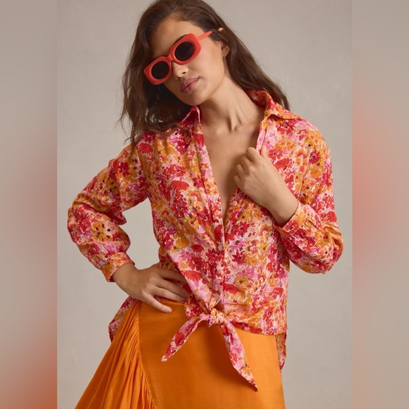 Maeve Tops - Anthropologie Maeve Tie Front Longline Floral Eyelet Blouse